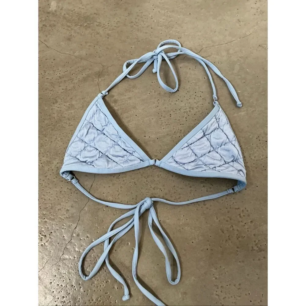 Frankie’s Bikinis Ivy Puffy Triangle Bikini Top | Blue in Small